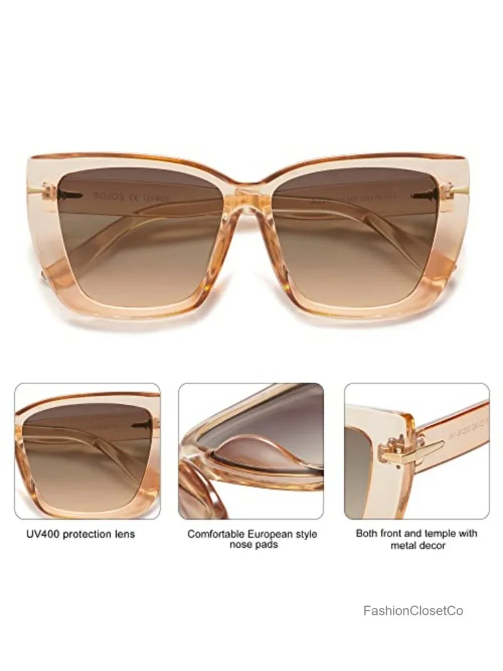 Oversized Cat Eye Sunglasses, UV400 Protection, Polycarbonate Frame,